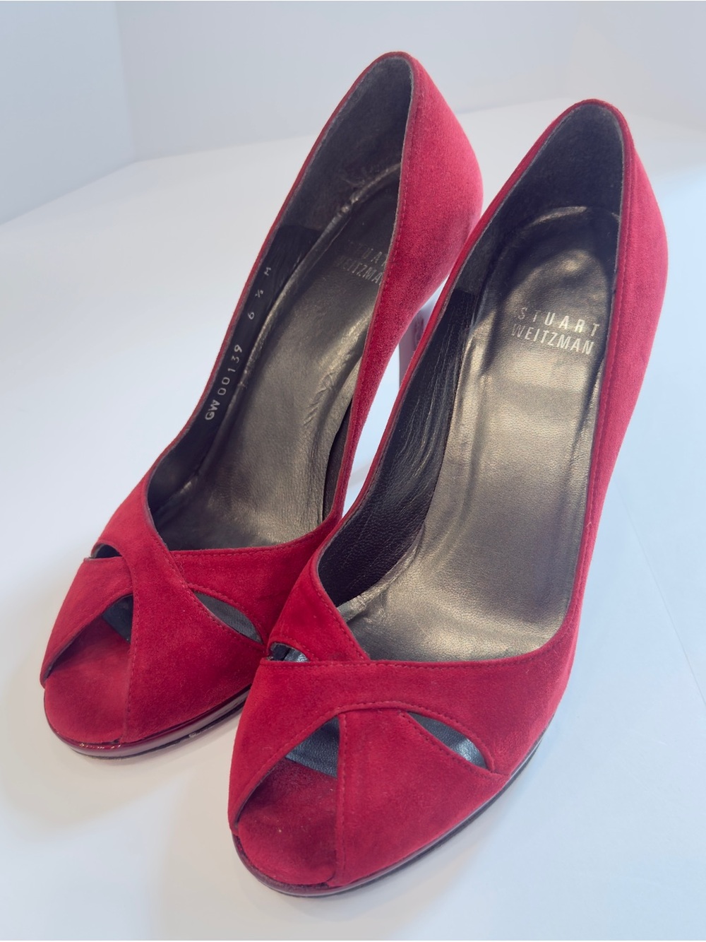 Stuart Weitzman Red Suede Peep-Toe Crossover Heels - Size 6.5